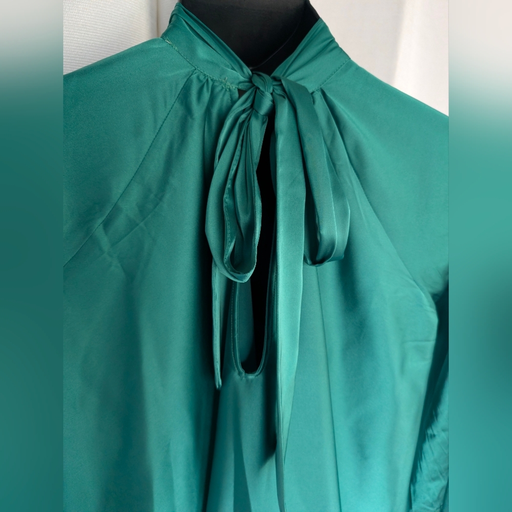 Emerald Green High Shine High tie neck Long Sleeve Flowing Aura Dress - Picture 12 of 16